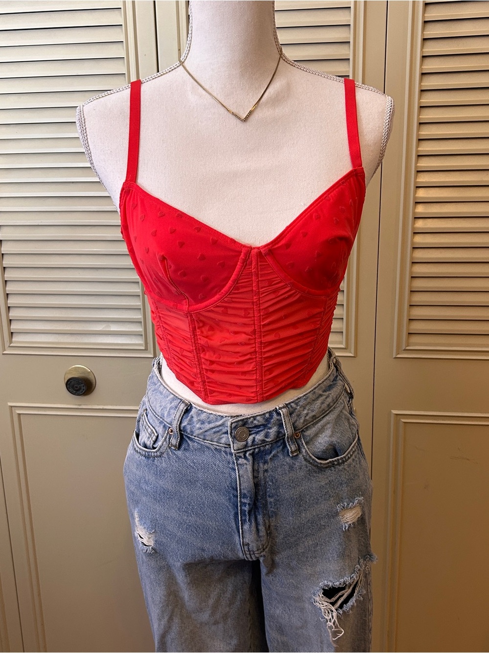 Red Heart Mesh Bustier Corset Crop Top with Adjustable Straps